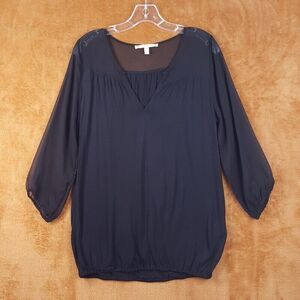 SOFT JOIE Womens Top Small Black Pullover VNeck Sheer Sleeve Yoke Lightweight